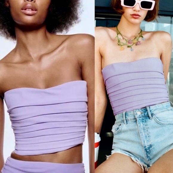 Zara NWT lilac / lavender / light purple pleated double lined crop top - Picture 1 of 7